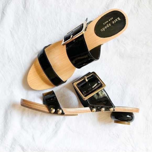 kate spade Shoes - Kate Spade Retro Black Patent Leather Structured Ball Heel Slides Buckle Sandals